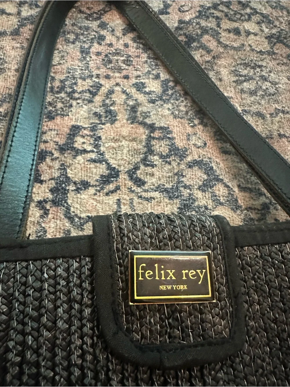 Felix Rey Black Fringe Straw Tote with Seashell Closure beach bag/tote bag
